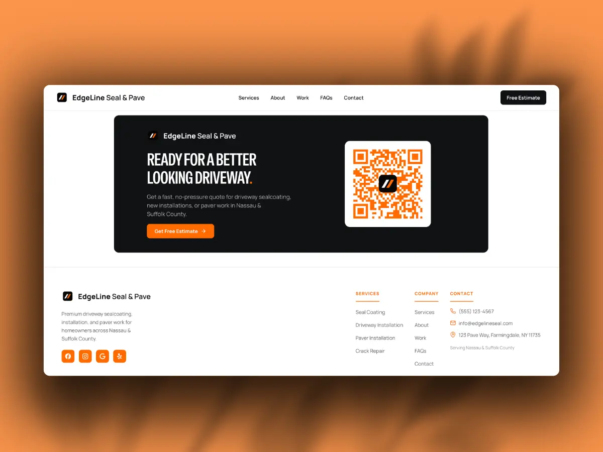 EdgeLine QR-code-to-SMS contact section and responsive website footer