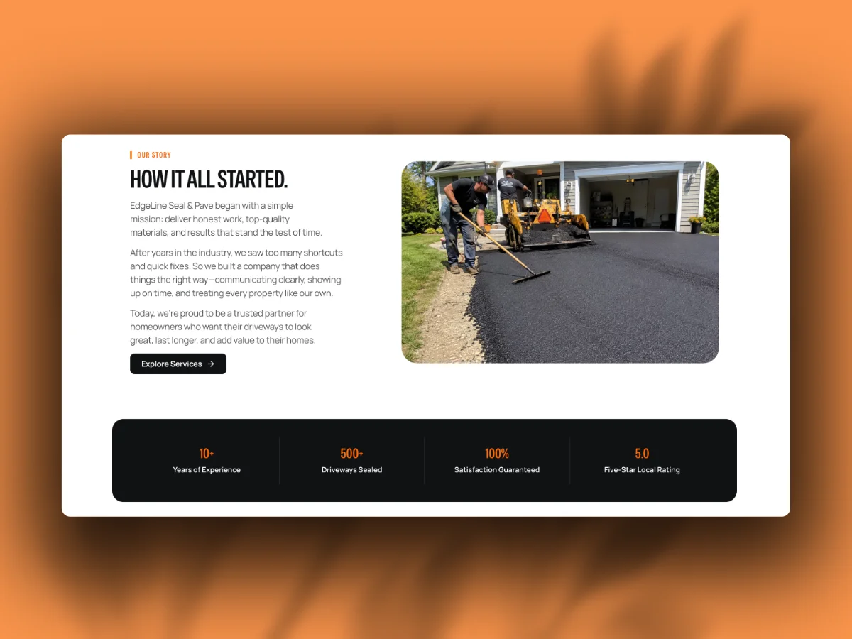EdgeLine contractor about page with company story, project photo, and trust metrics