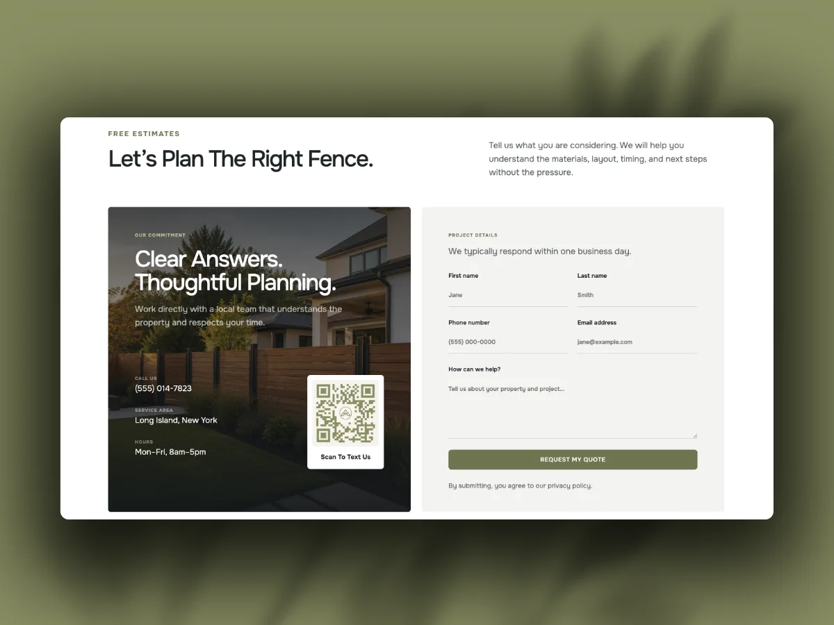 Norfolk quote request form with QR-code-to-text option, phone number, and service area