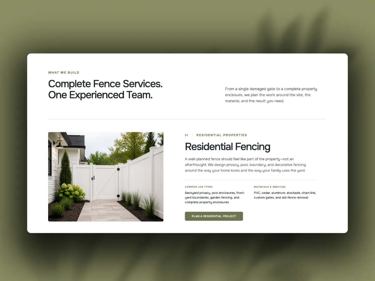 Norfolk residential fencing service card with job types and materials list
