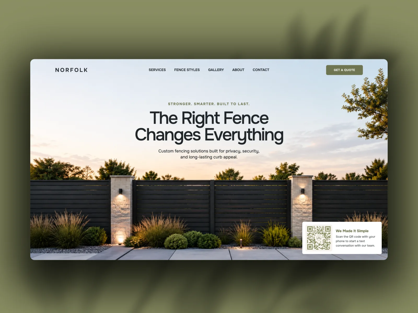 Norfolk fence contractor website homepage hero with QR-code-to-text quote widget