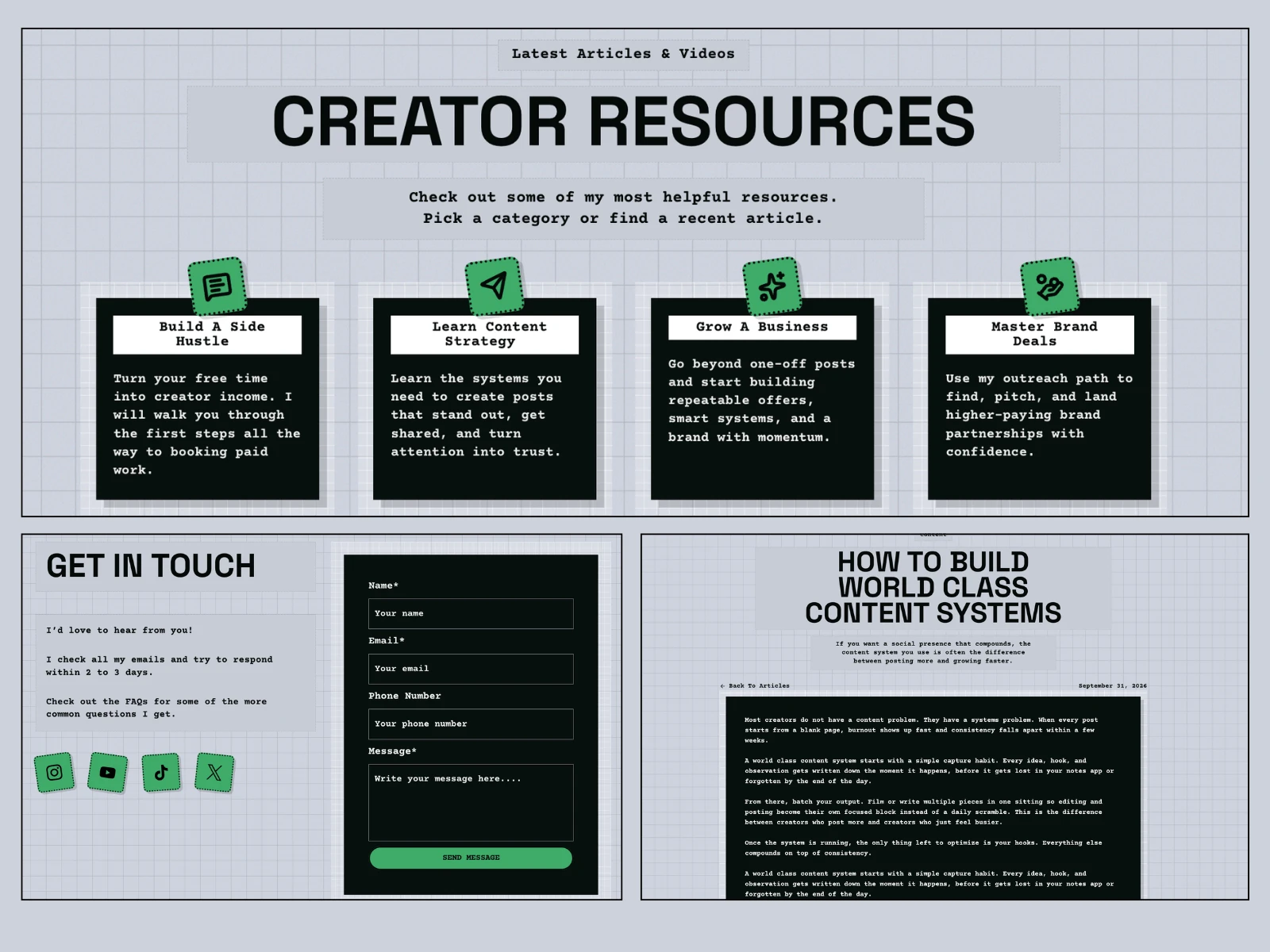 Audience Lift creator resource categories, blog article, and contact form