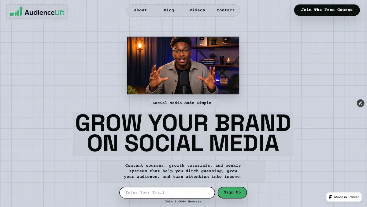 Audience Lift growth coach and course website homepage design by Fire Island Design