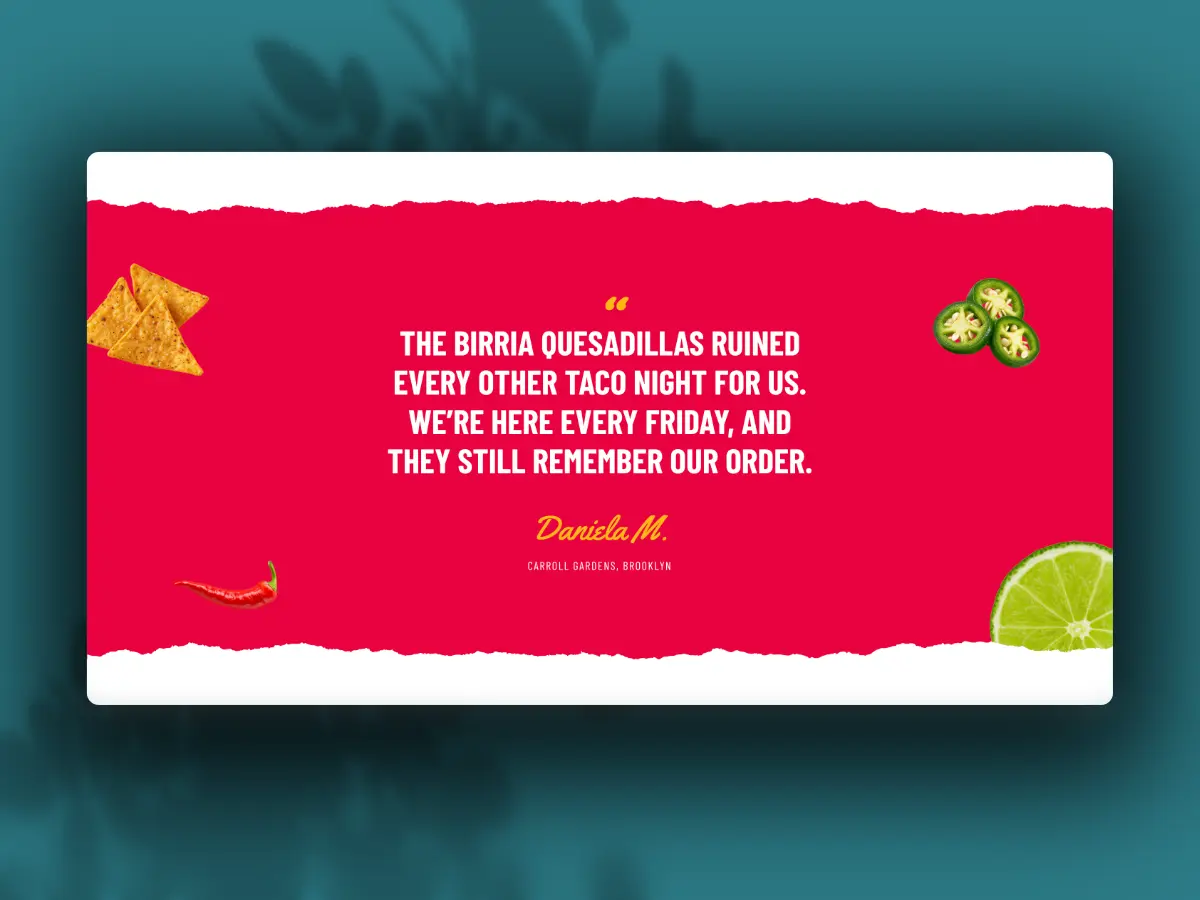 Casa del Sol customer testimonial on a torn-paper red banner with food illustrations