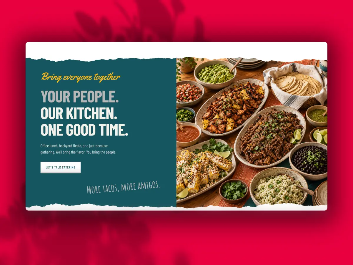 Casa del Sol catering section with headline and overhead photo of a Mexican food spread