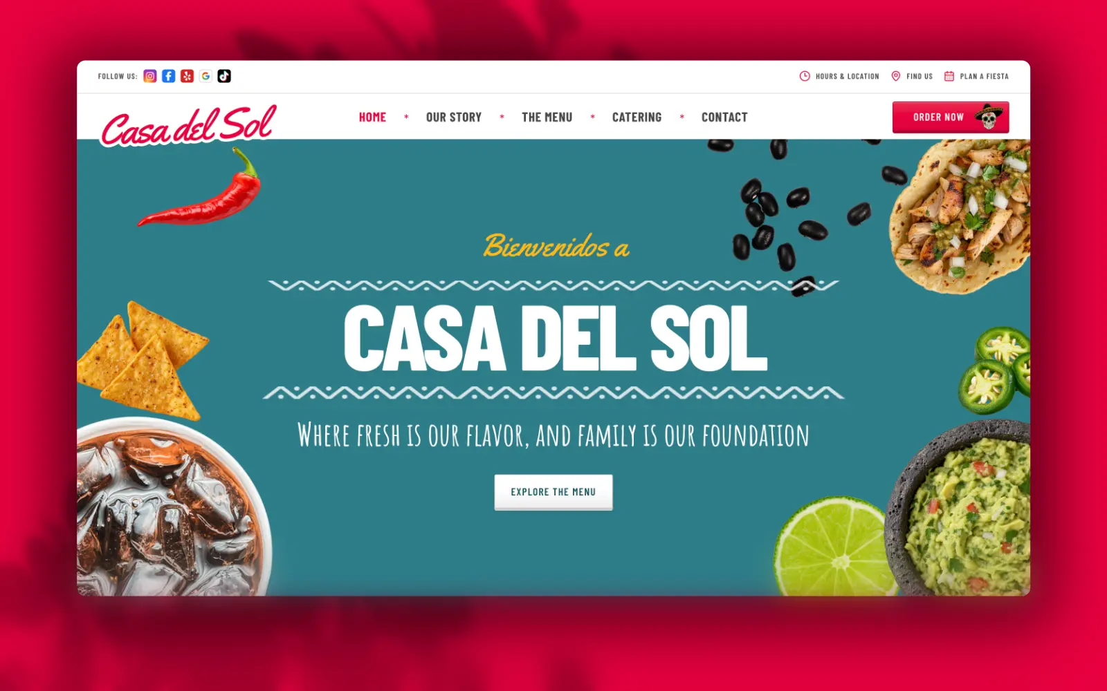 Casa del Sol Mexican restaurant website homepage with bold title, food photography, and Order Now button