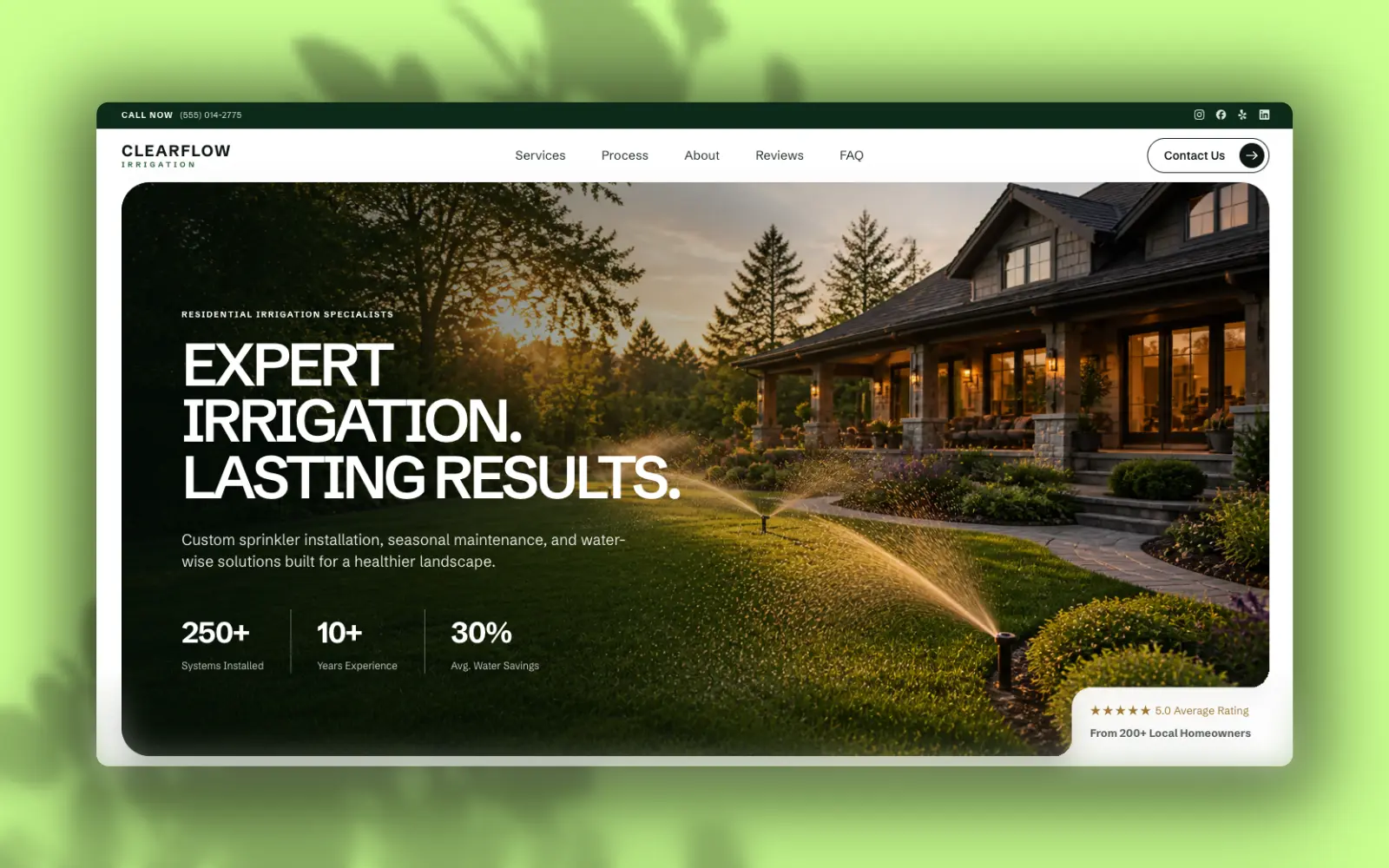 Clearflow irrigation contractor website homepage with residential sprinkler system hero