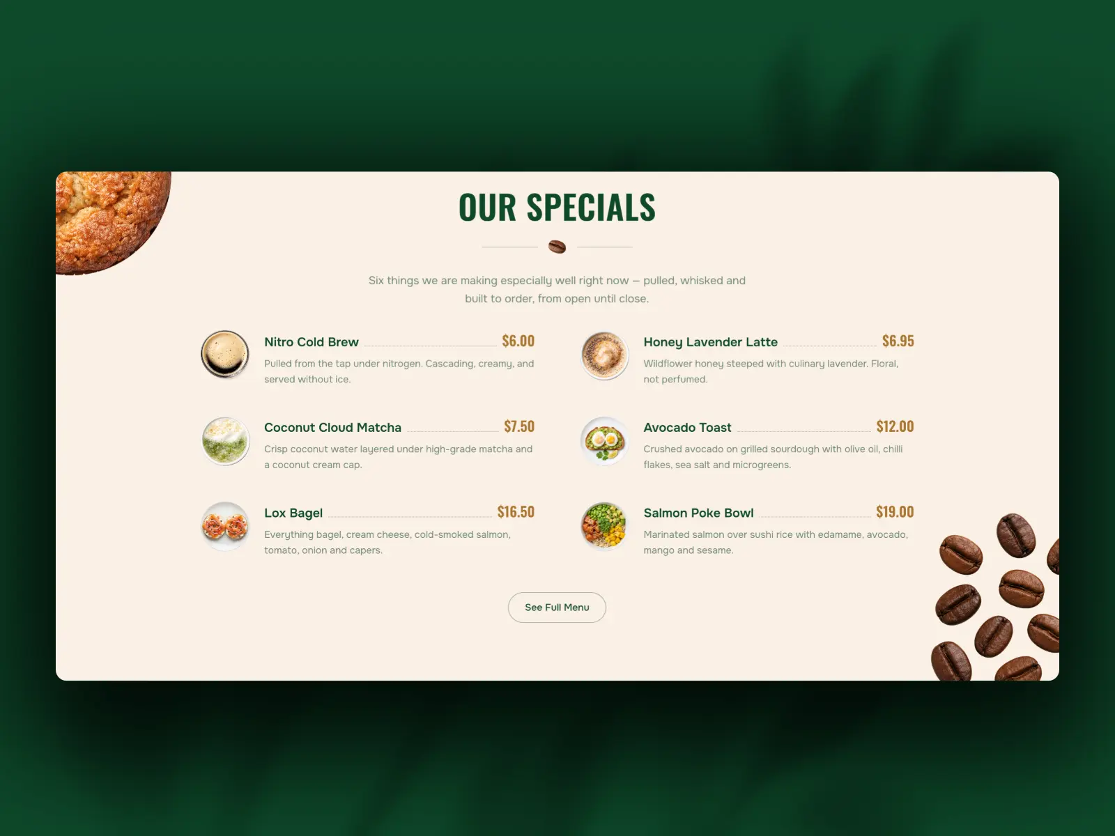 Common Grounds specials menu with pricing for coffee drinks and food items