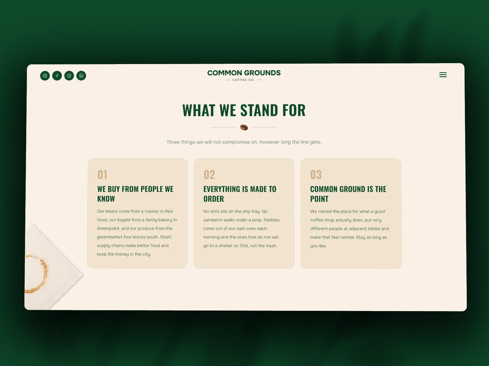 Common Grounds values section listing the shop's three core commitments
