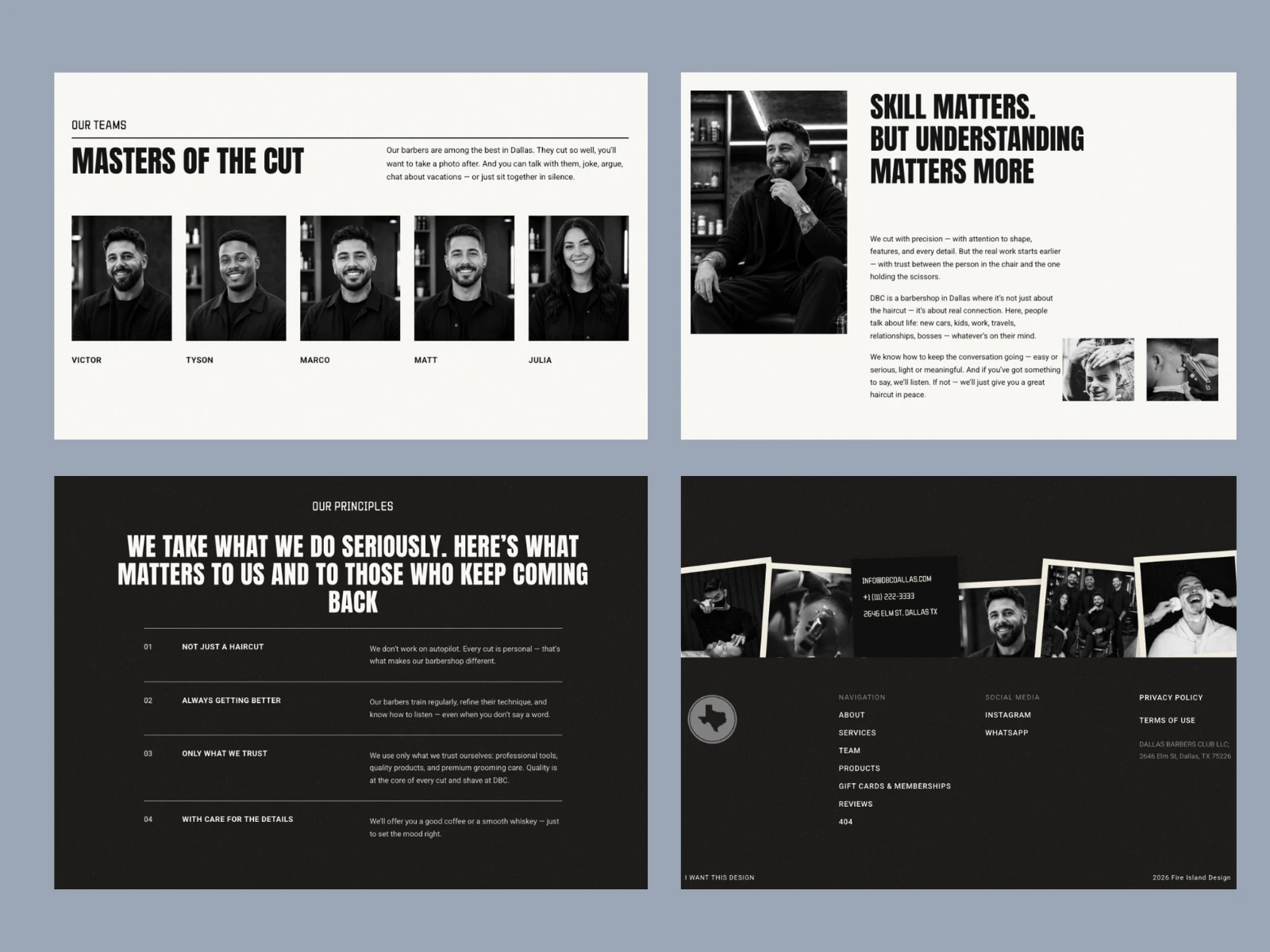 Dallas Barbers Club team grid, shop story, and principles section