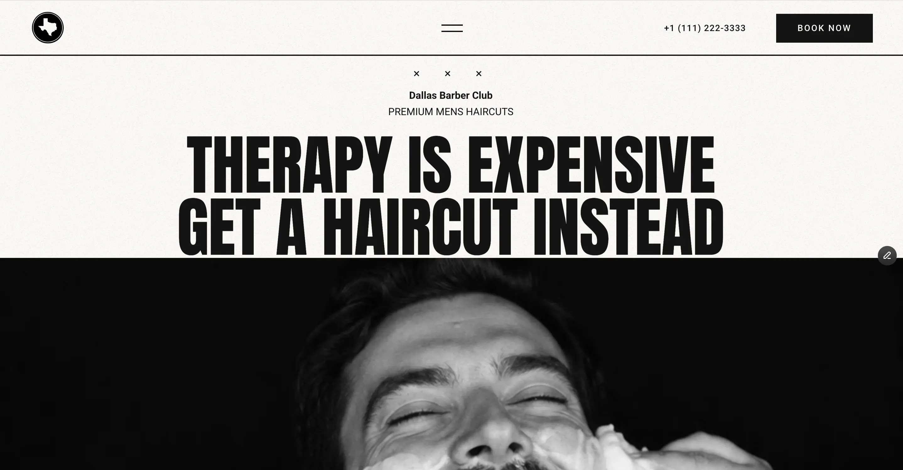 Dallas Barbers Club bold editorial homepage hero design by Fire Island Design