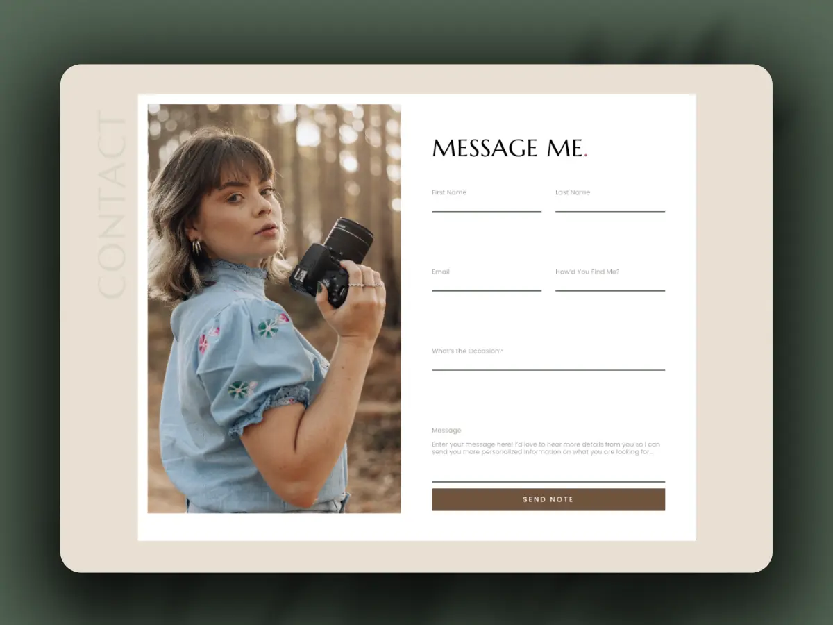 Davis inquiry contact form with photographer portrait and message field