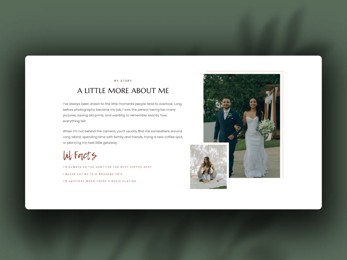 Davis about page with the photographer's personal story and hand-lettered lil facts section