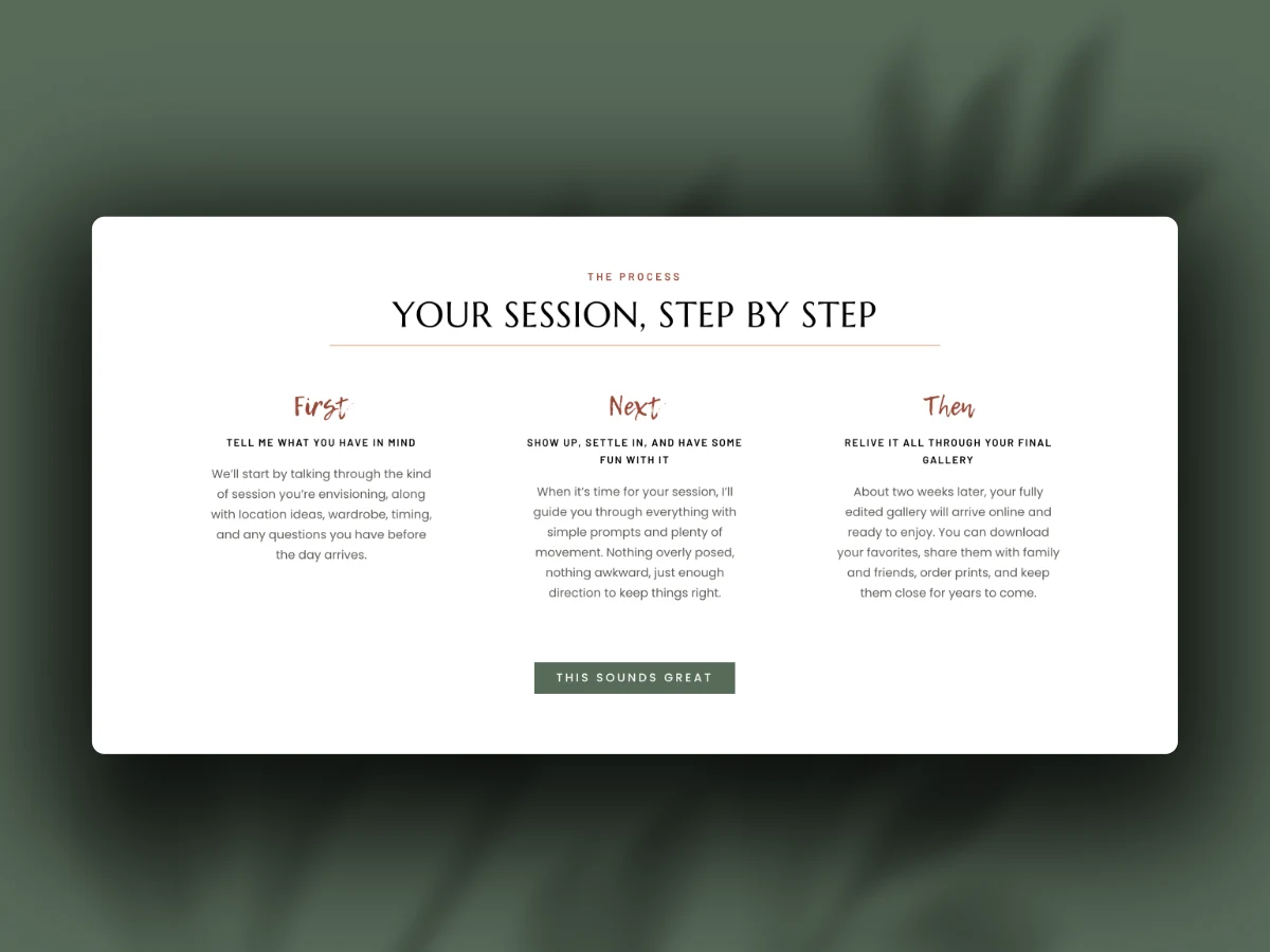 Davis session process section showing first, next, and then steps for photography clients