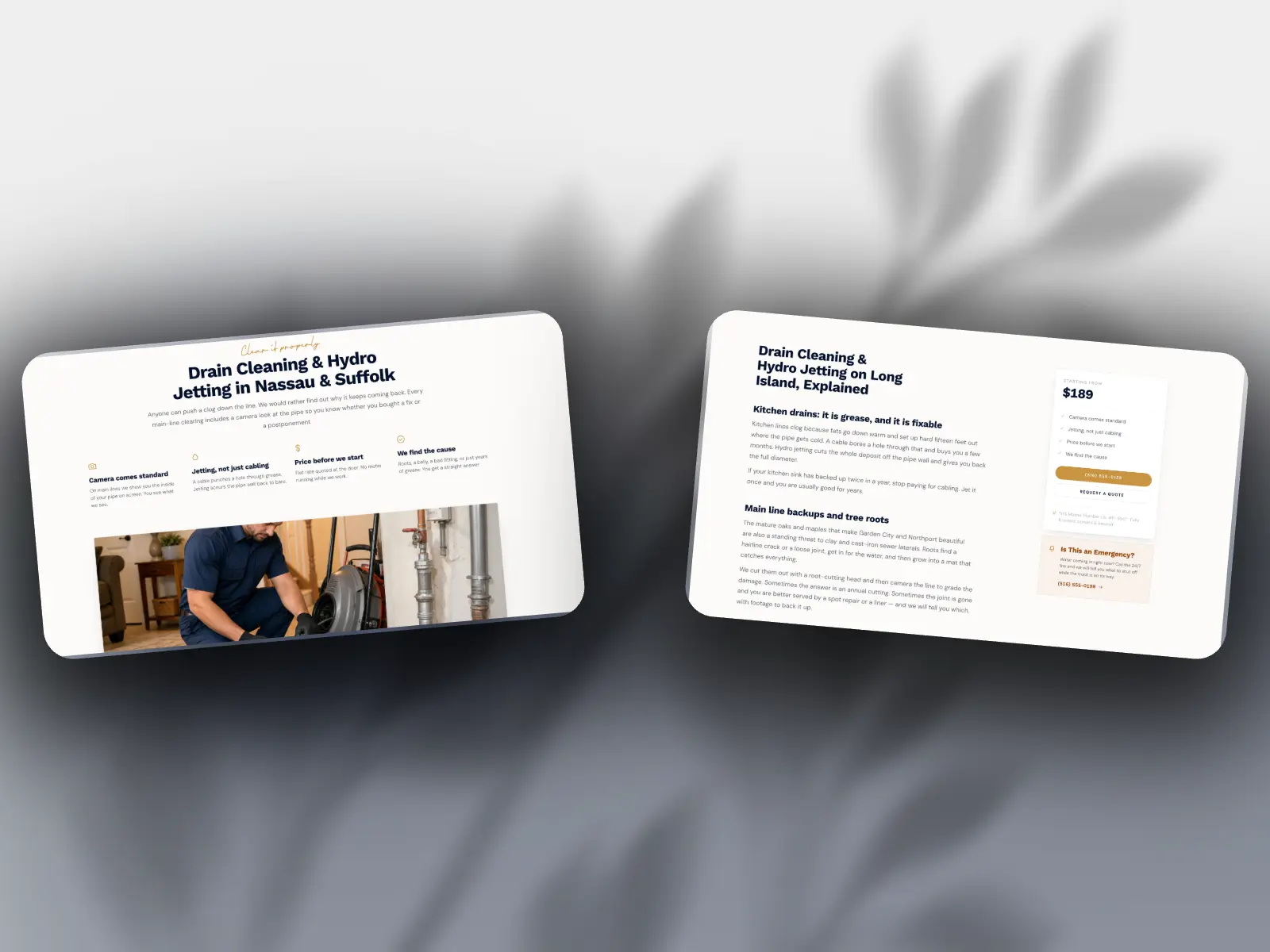 Flow's Plumbing drain cleaning service page with pricing and booking panel