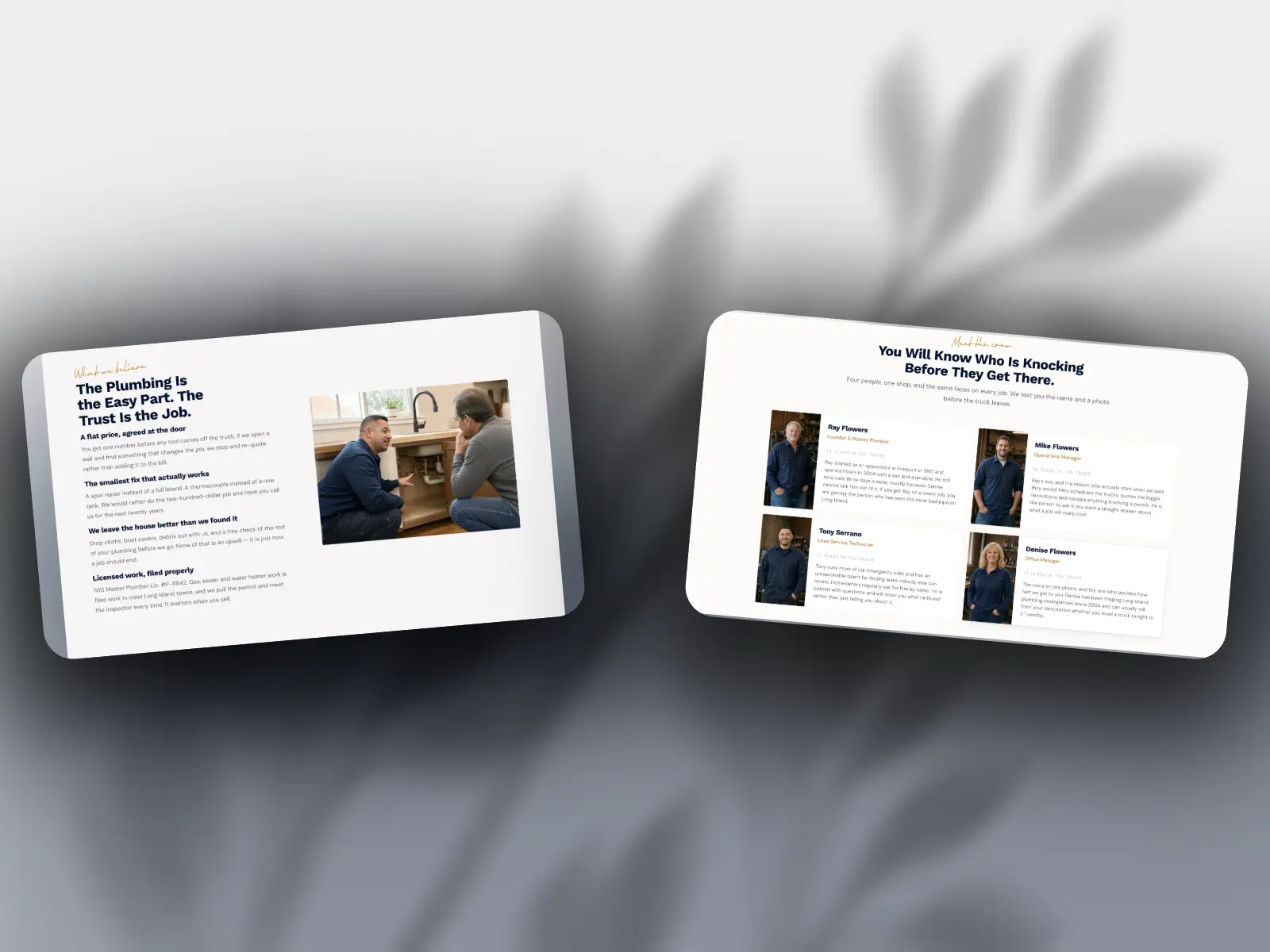 Flow's Plumbing company values section and team profile grid