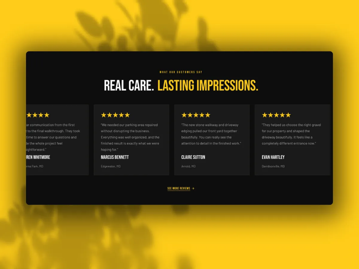 Gibson Asphalt customer testimonial cards with five-star ratings and Maryland locations