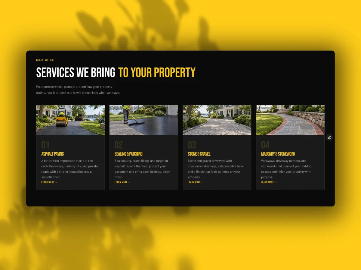 Gibson Asphalt service cards for paving, sealcoating, gravel driveways, and masonry