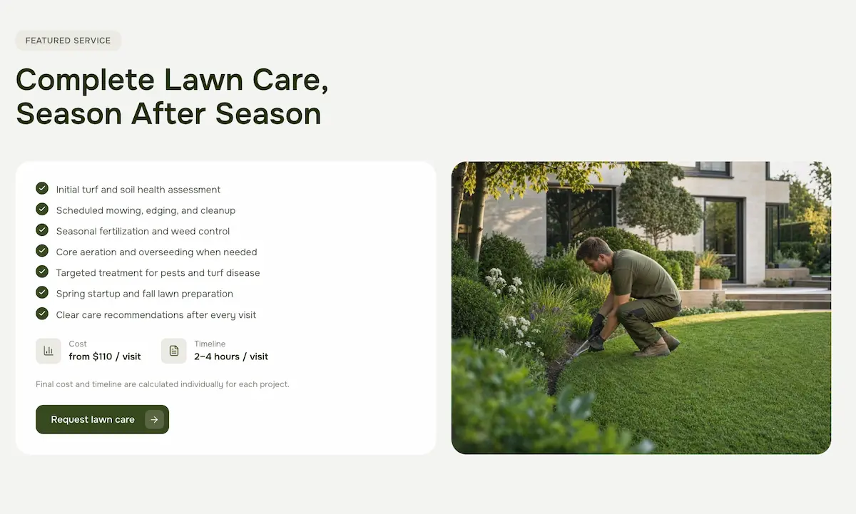 Green Company dynamic CMS service detail page with pricing and checklist