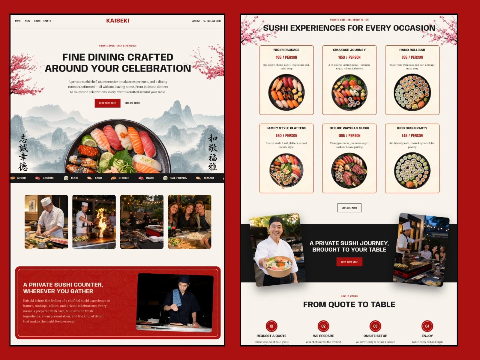 Kaiseki menu package showcase and CMS-driven pricing cards