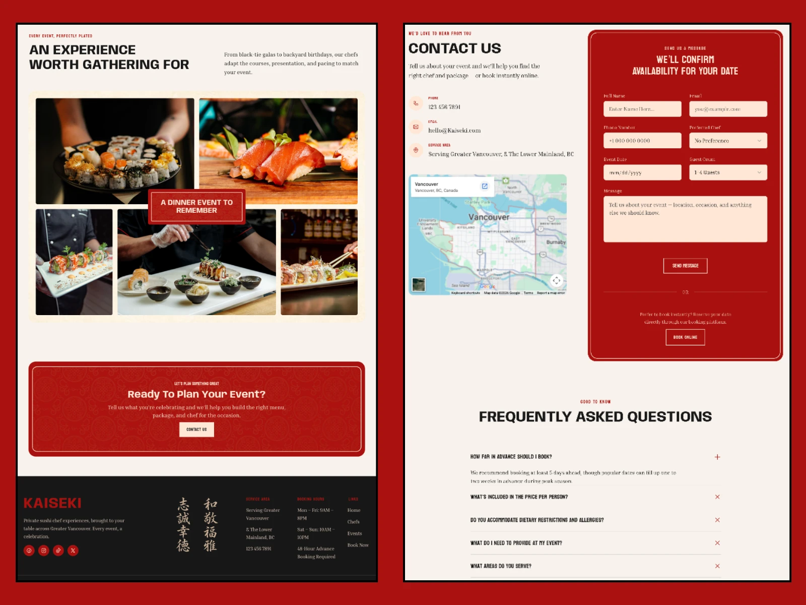 Kaiseki contact and booking form with embedded map and FAQ section