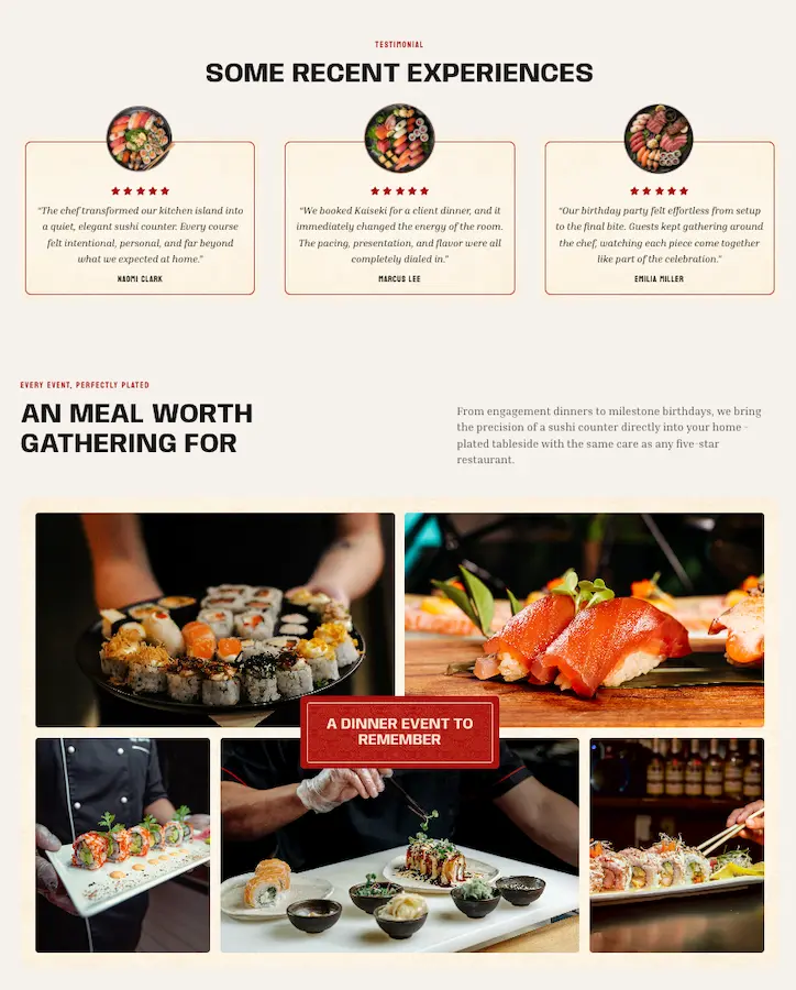 Kaiseki client testimonials and private event photo gallery
