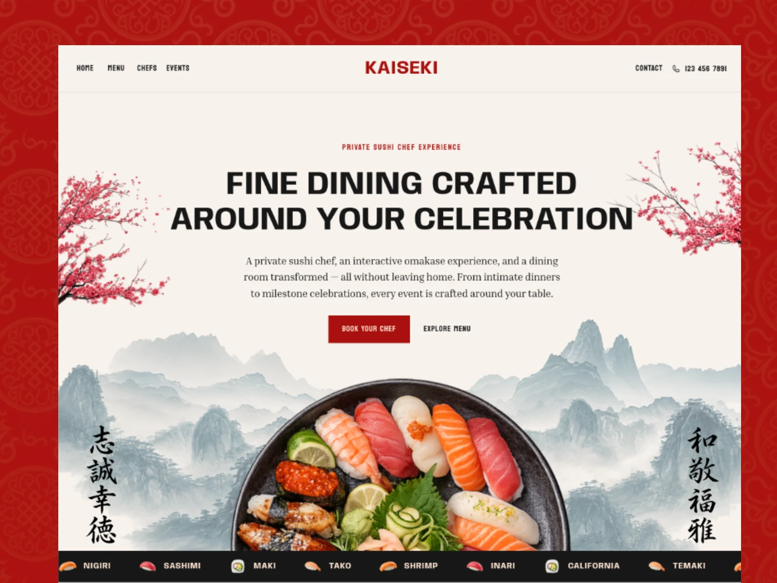 Kaiseki private sushi chef booking website homepage design by Fire Island Design