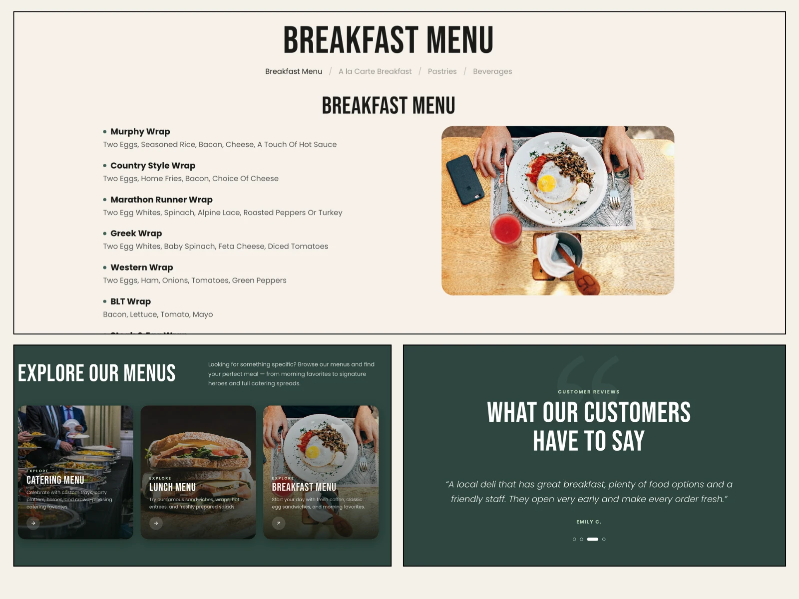 Local Deli breakfast menu page with category tabs and customer testimonials