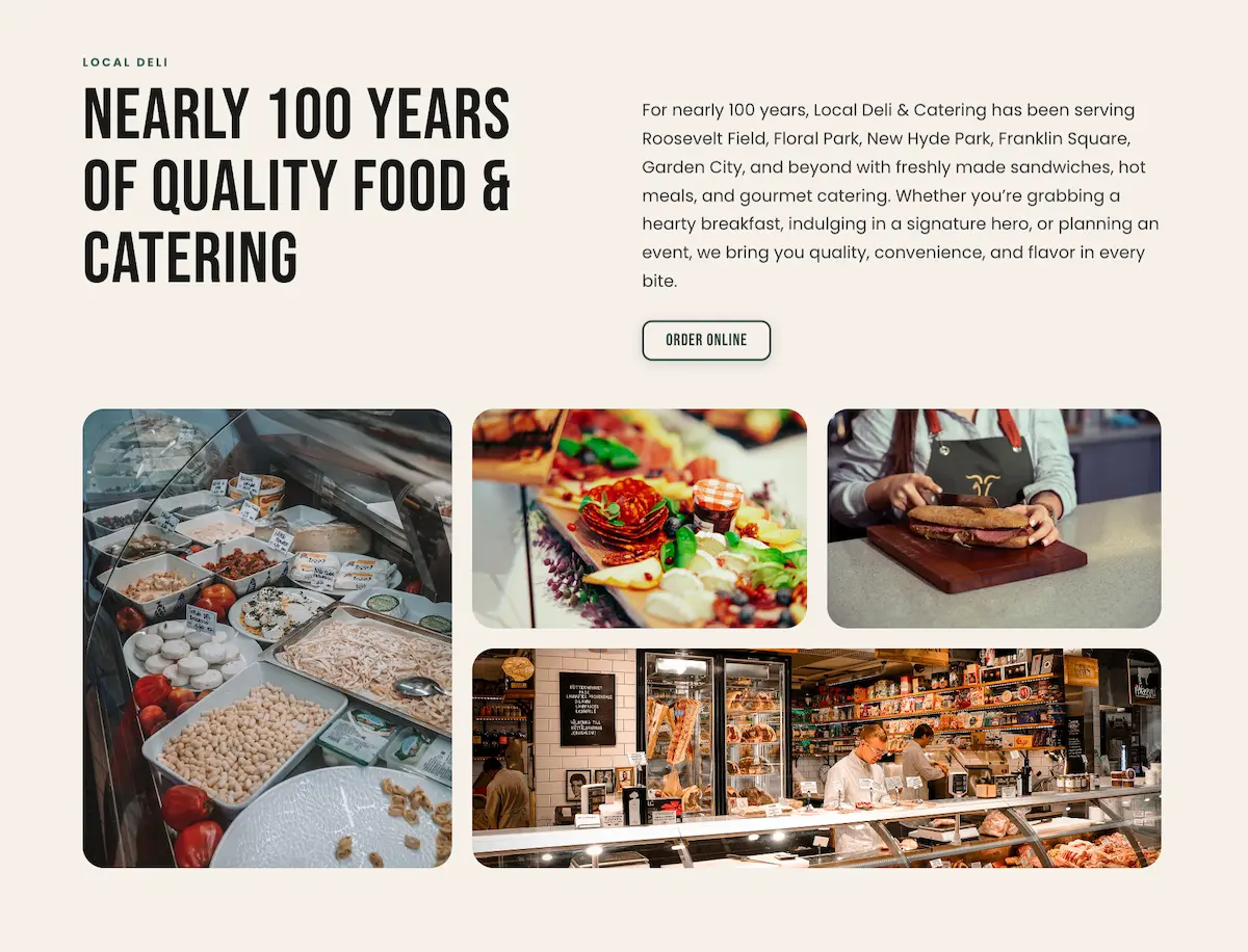 Local Deli about page with company story and photo gallery