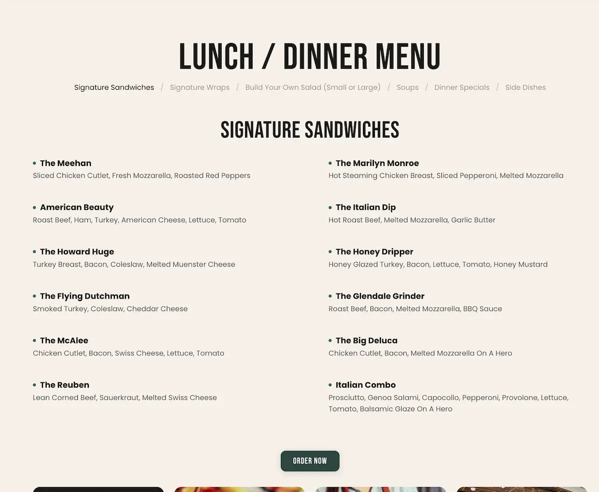 Local Deli lunch and dinner menu with signature sandwiches