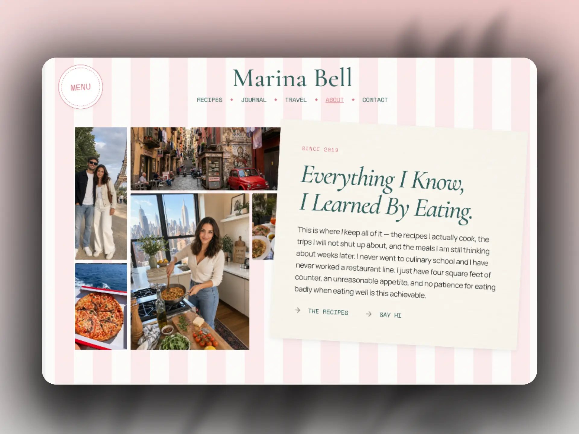 Marina Bell about section with collaged travel and cooking photography