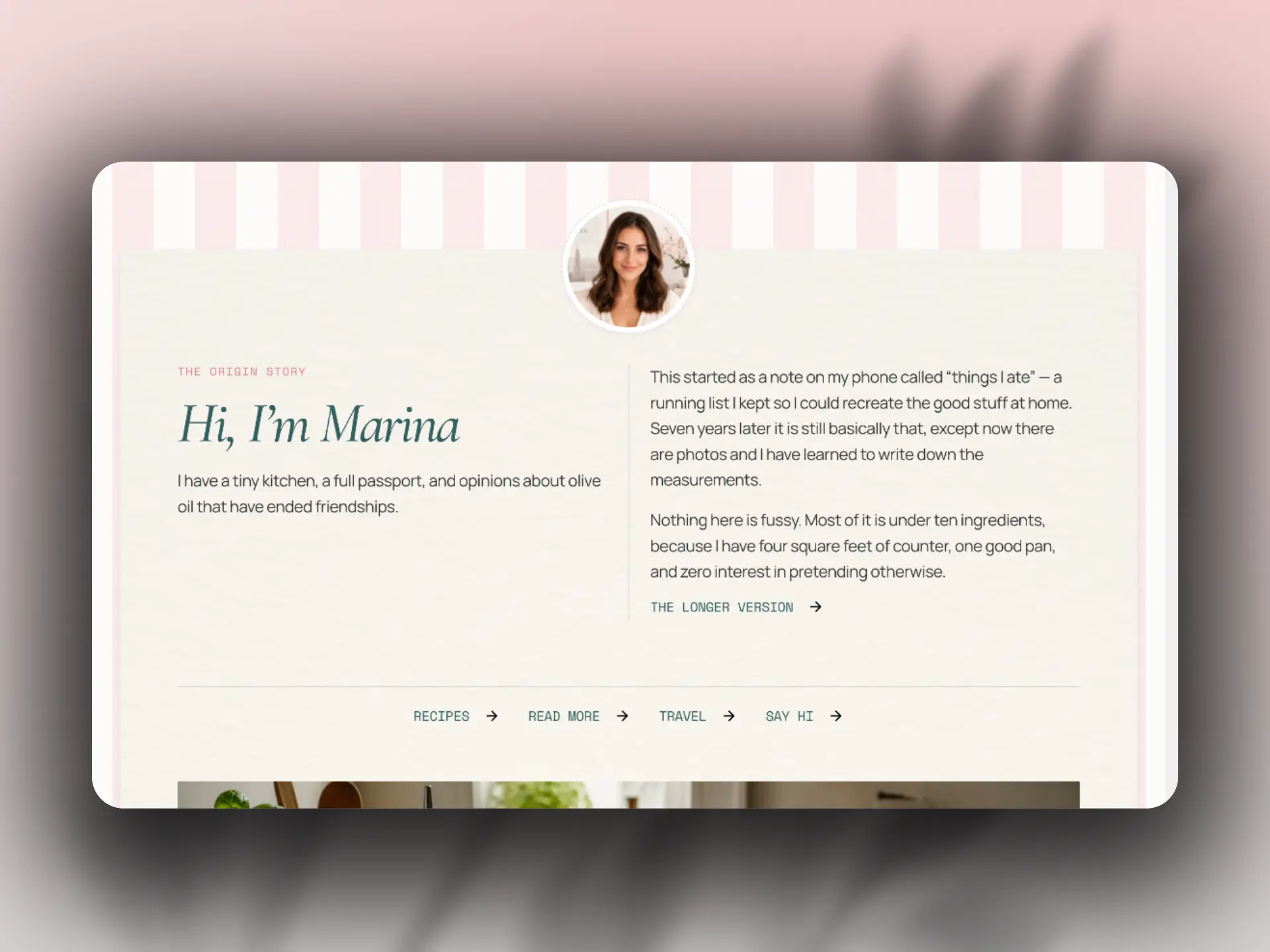 Marina Bell origin story section with founder portrait and personal bio