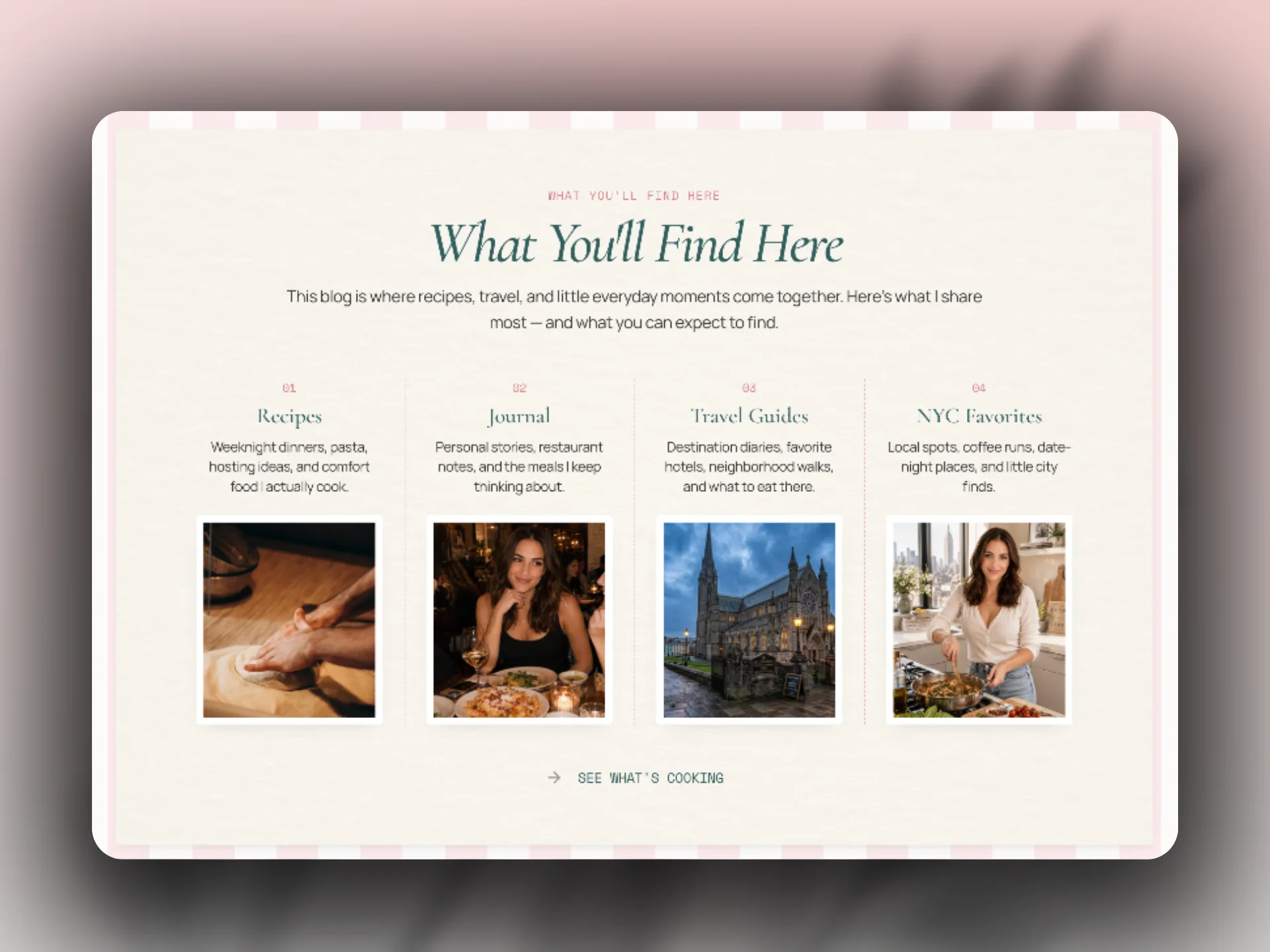 Marina Bell content overview section previewing recipes, journal, travel, and NYC guides