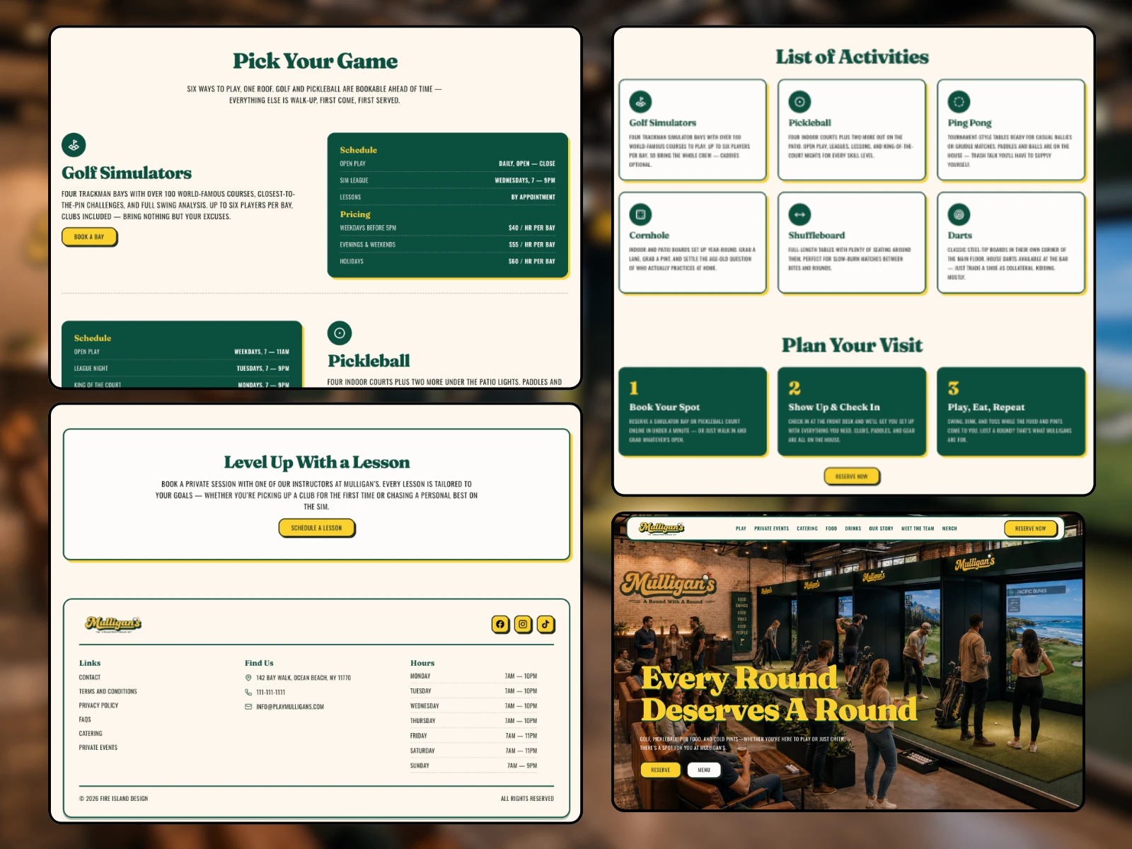Mulligan's activities menu with pricing, schedules, and visit steps
