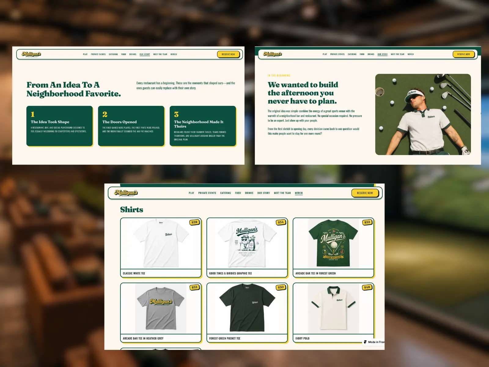 Mulligan's brand story page and merch shop