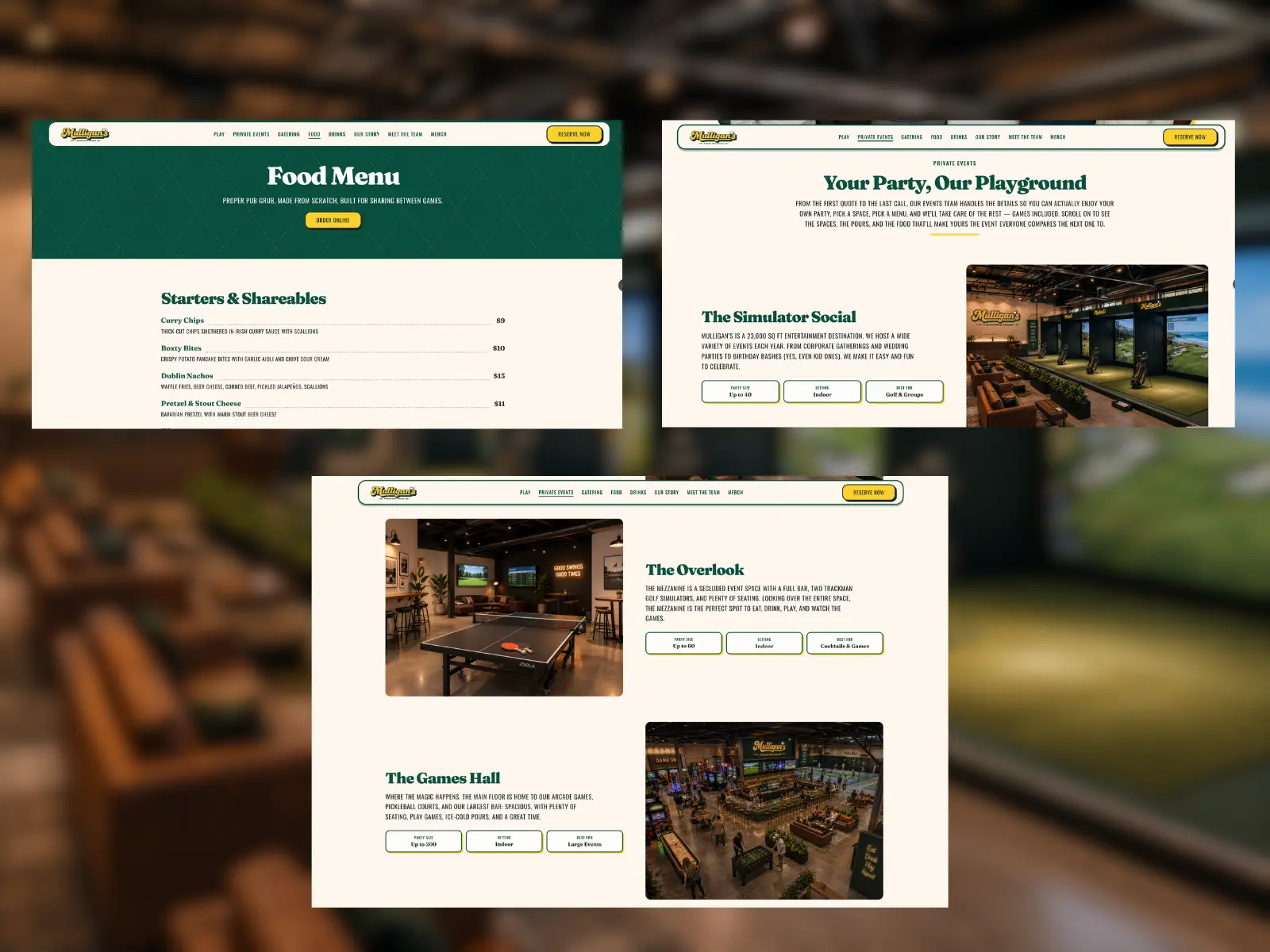 Mulligan's food menu and private events booking page