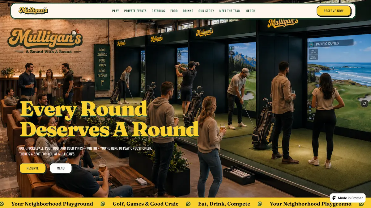 Mulligan's restaurant and activity bar website homepage design by Fire Island Design