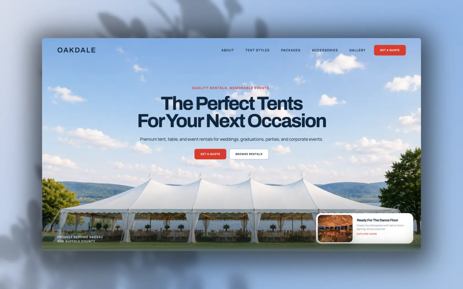 Oakdale tent and event rental website homepage design by Fire Island Design