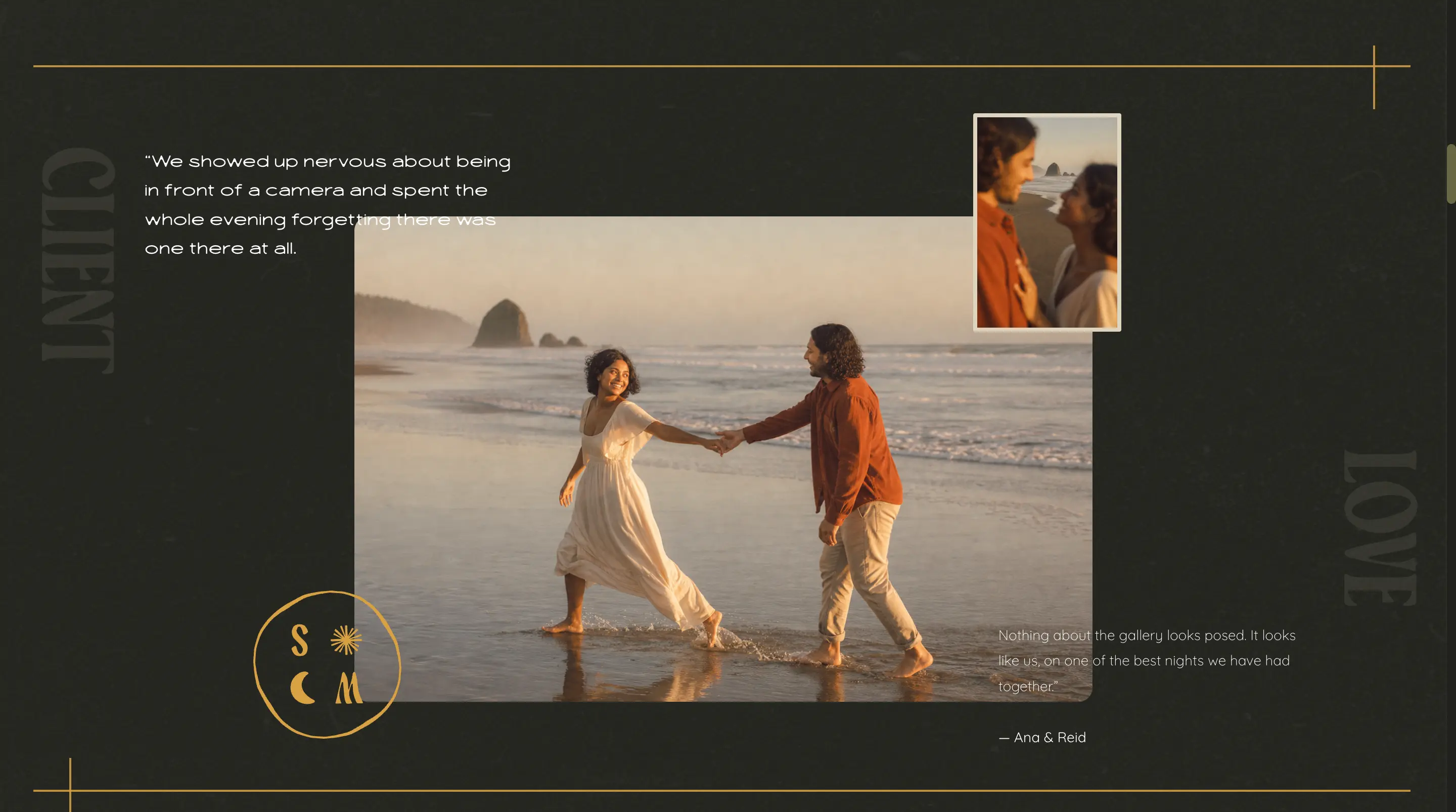 Saratoga client testimonial section with layered engagement session photography