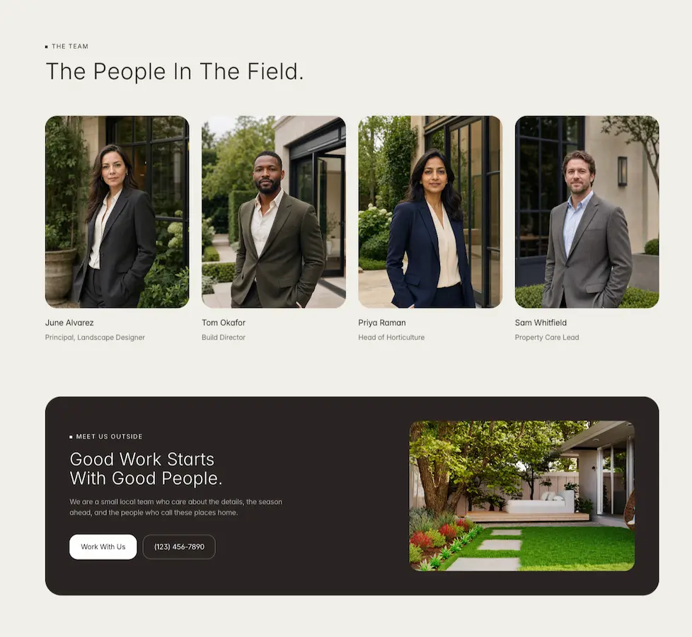 Stillfield team profile page with staff photos and company story